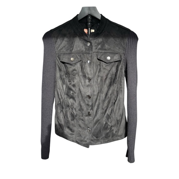 Ruff Hewn Faux Suede Sweater Jacket Button Black Women M Bikercore Great Shape - Picture 2 of 7